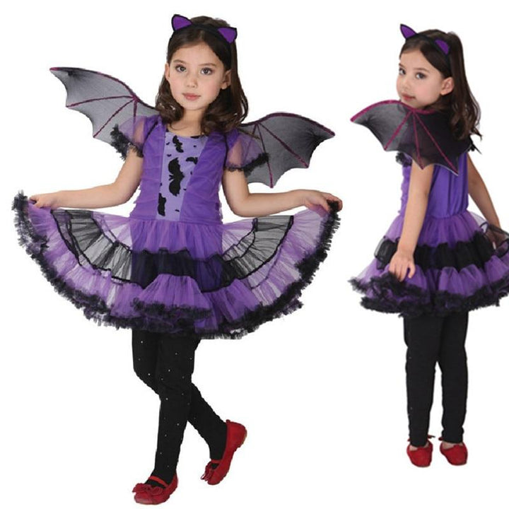 Girls Bat Halloween Costume Dress With Wings Outfit