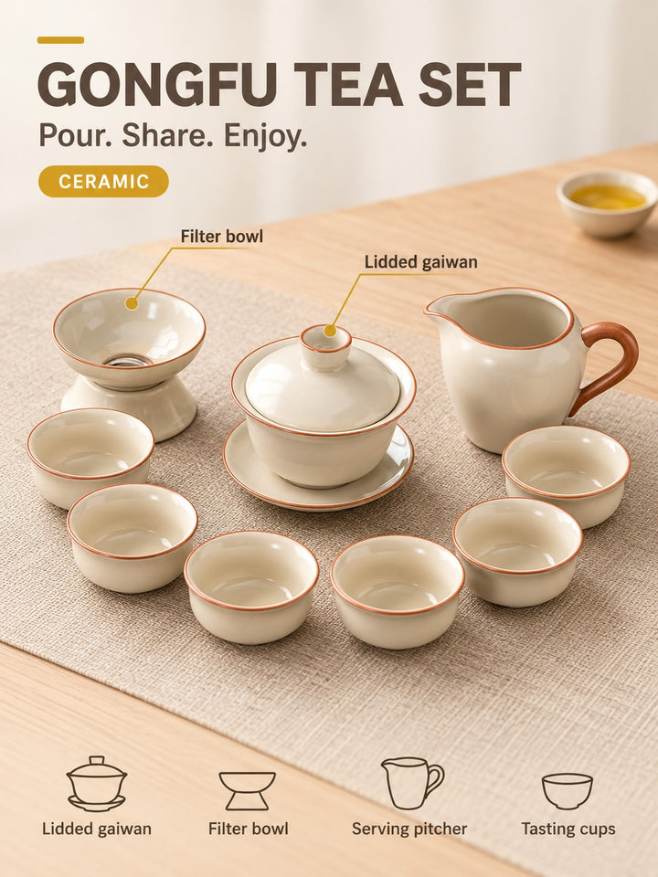 Ru Kiln Gongfu Tea Set: Ceramic Gaiwan & Filter Bowl
