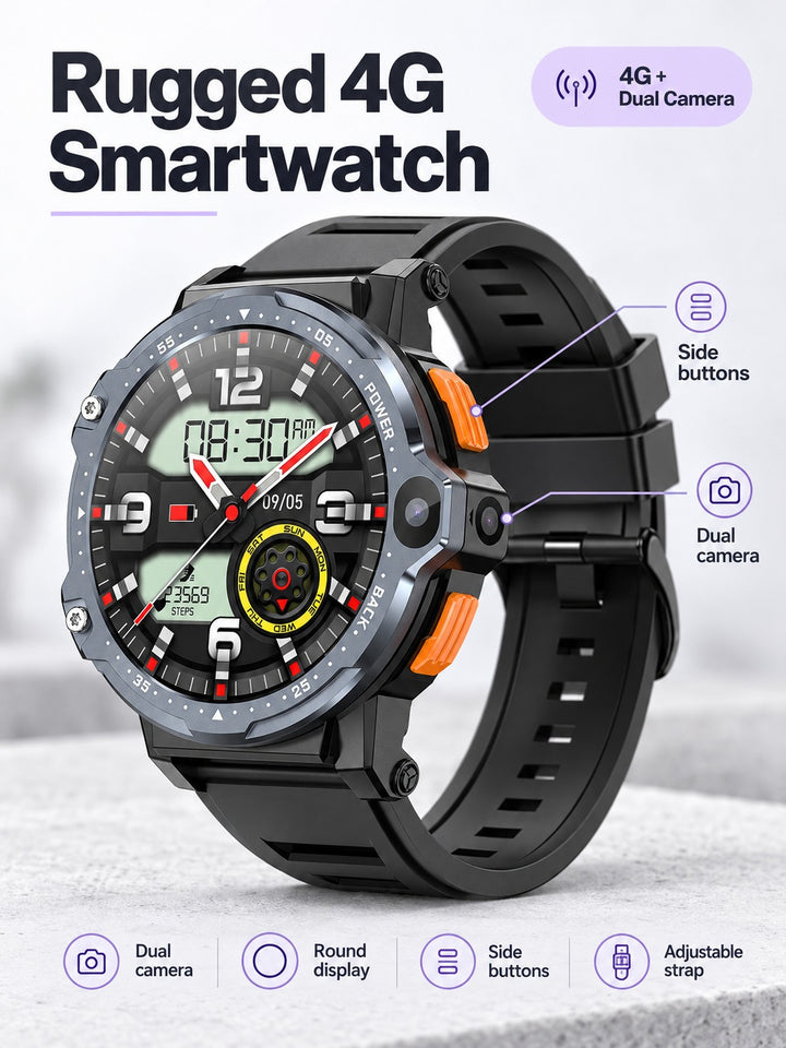 Rugged 4G Smartwatch with Dual Camera & Health Tracking