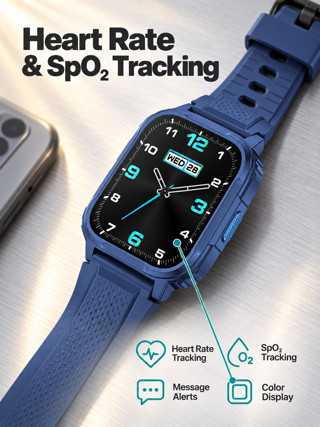 Rugged IP68 Smartwatch with Heart Rate & SpO2 Tracking