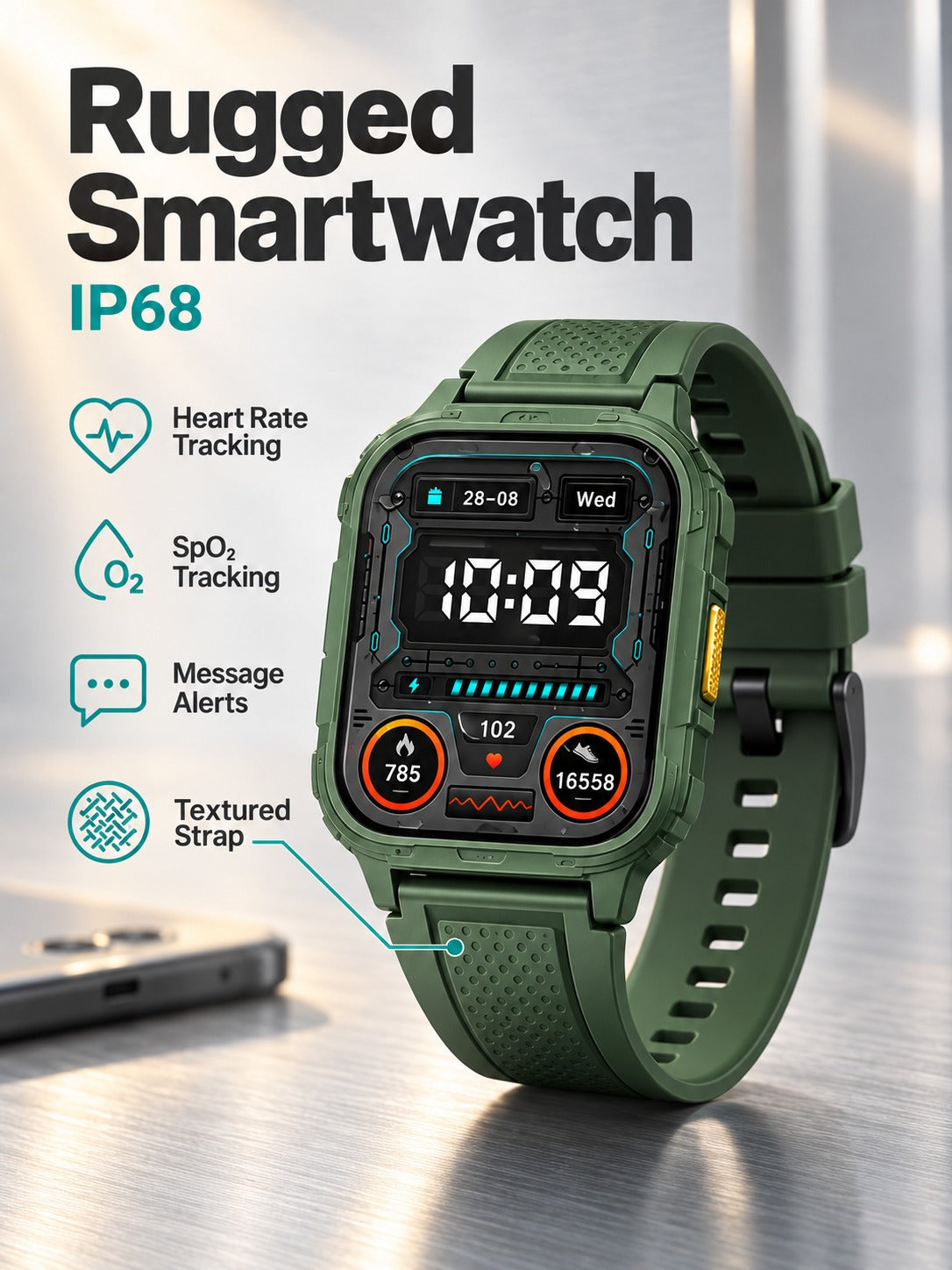Rugged IP68 Smartwatch with Heart Rate & SpO2 Tracking