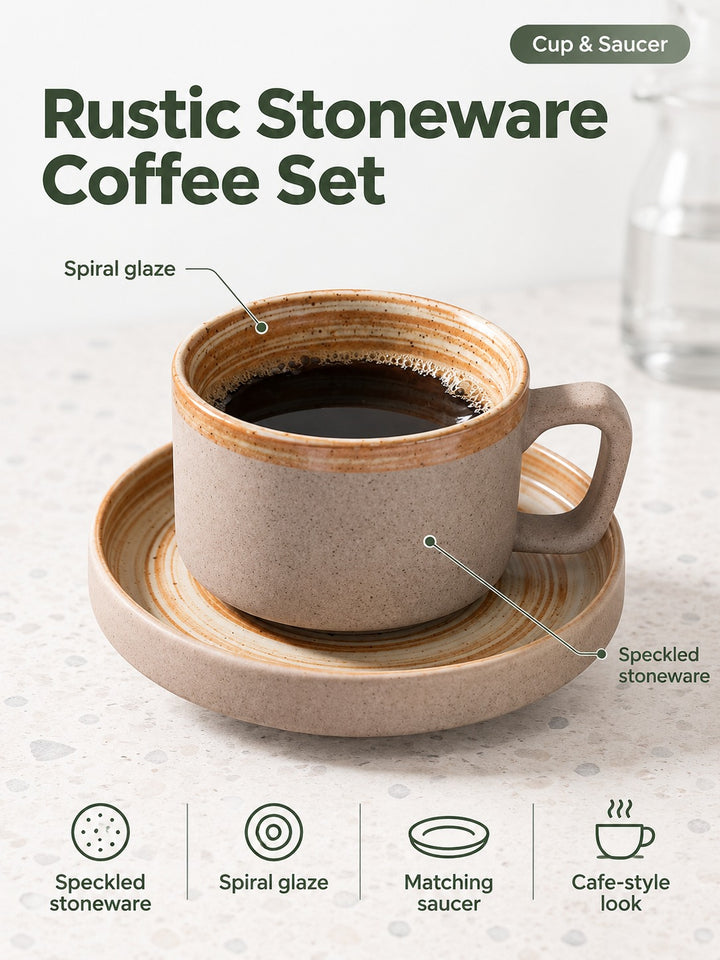 Rustic Stoneware Coffee Cup and Saucer Set Handmade Look