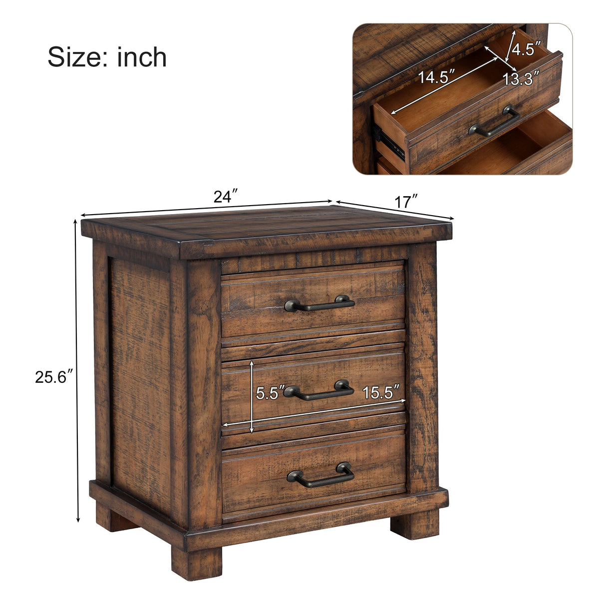 Solid Wood Farmhouse Nightstand with Three Drawers