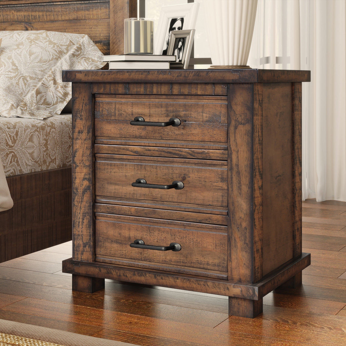 Solid Wood Farmhouse Nightstand with Three Drawers