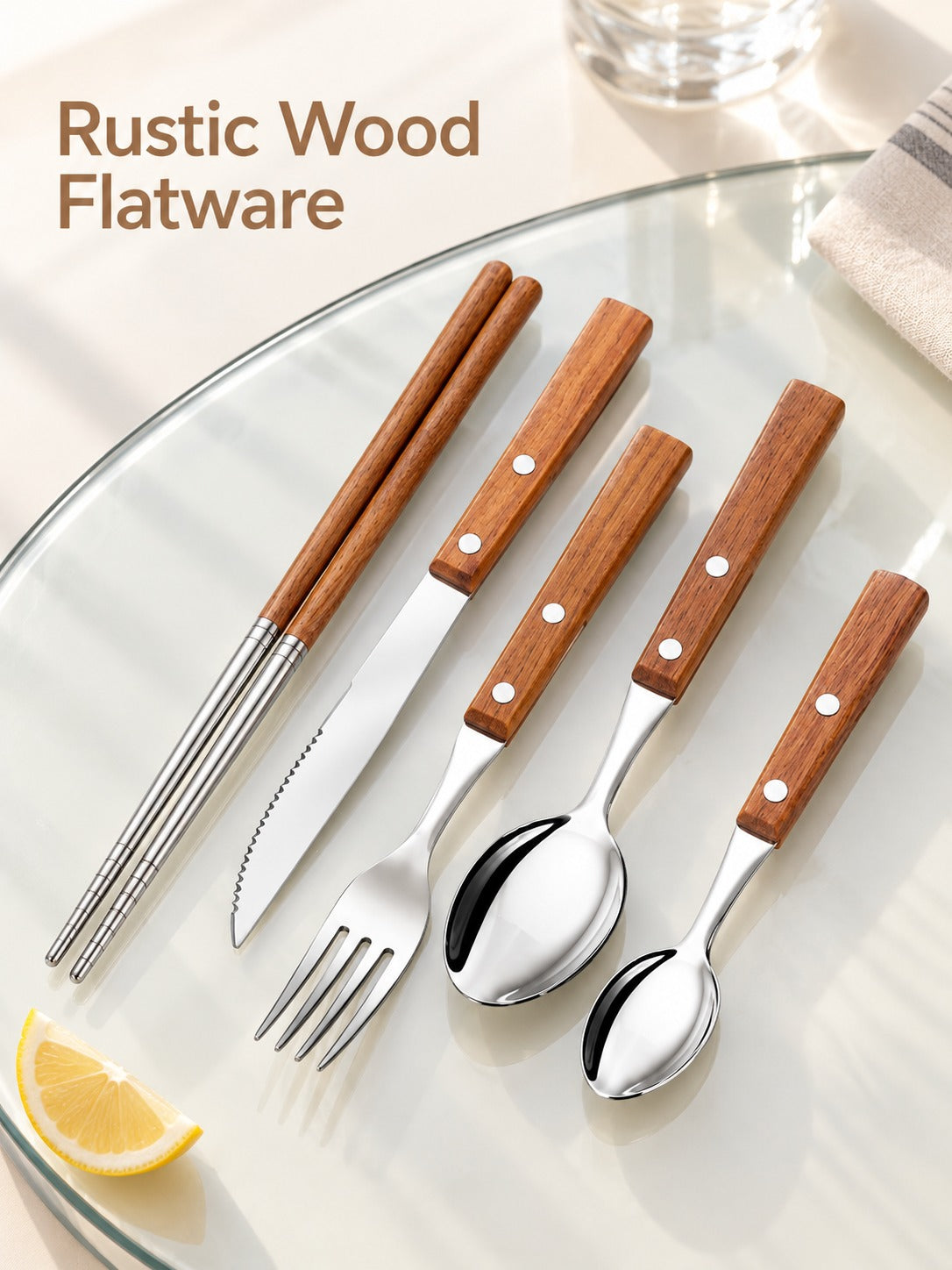 Rustic Wood Handle Stainless Steel Flatware Set, 5-Piece