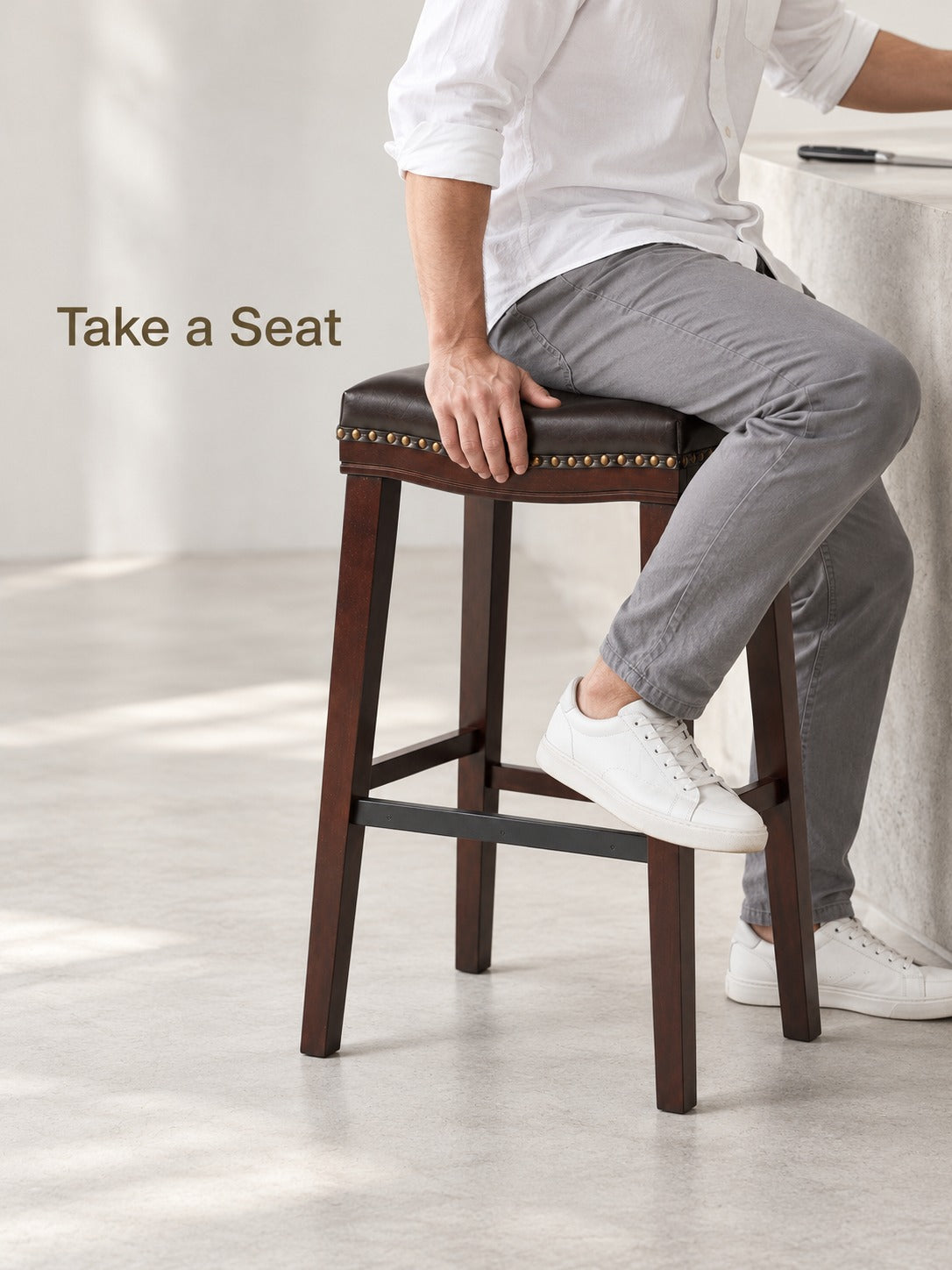 Saddle Bar Stool with Brass Nailhead Trim for Kitchen