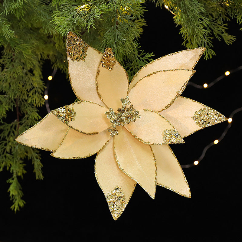 Velvet Poinsettia Christmas Flower Pick with Glitter Edge