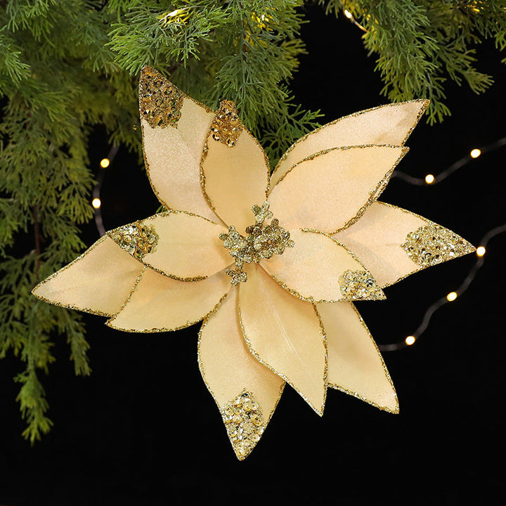 Velvet Poinsettia Christmas Flower Pick with Glitter Edge