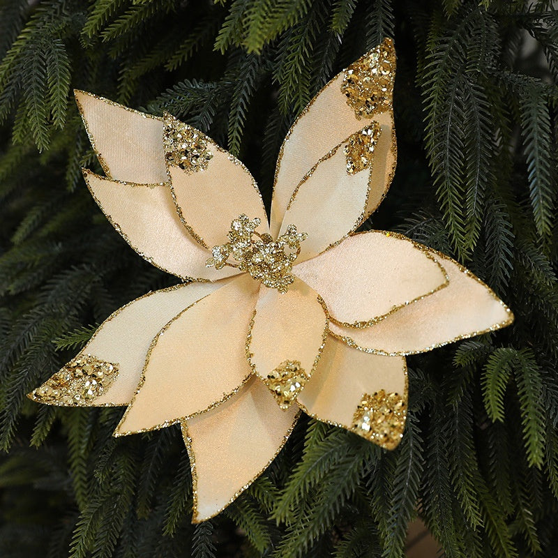 Velvet Poinsettia Christmas Flower Pick with Glitter Edge
