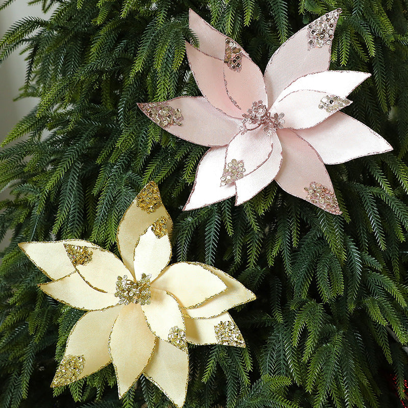 Velvet Poinsettia Christmas Flower Pick with Glitter Edge