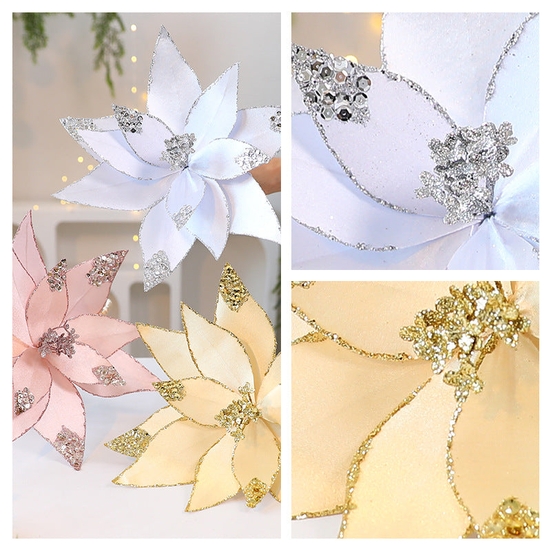Velvet Poinsettia Christmas Flower Pick with Glitter Edge