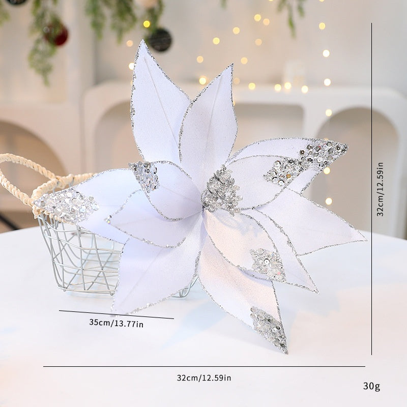 Velvet Poinsettia Christmas Flower Pick with Glitter Edge
