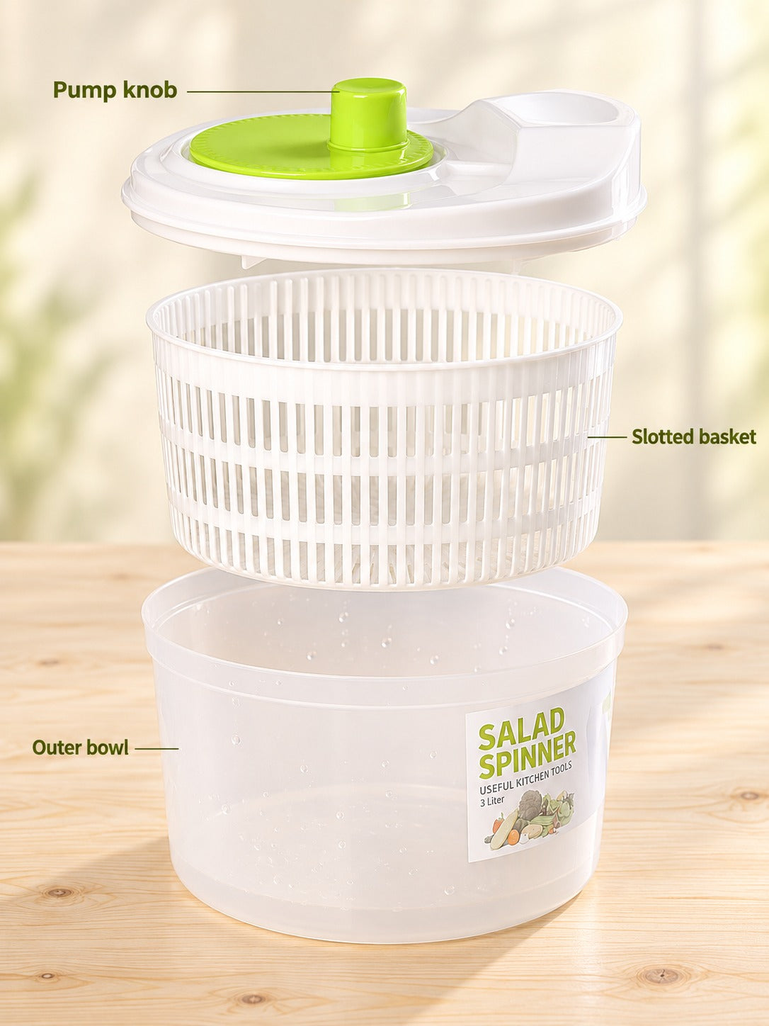 Salad Spinner 3L with Press Pump Knob for Fast Drying