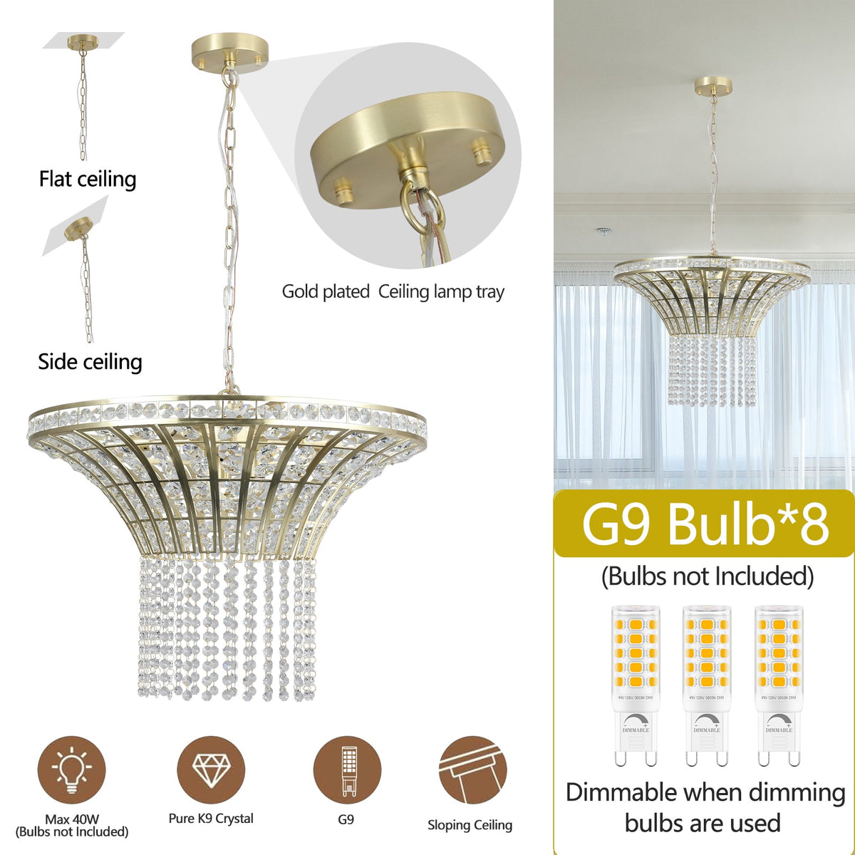 8-Light Gold Crystal Waterfall Chandelier, 23.6 Inch
