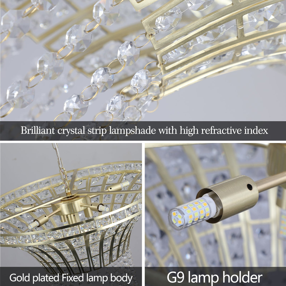 8-Light Gold Crystal Waterfall Chandelier, 23.6 Inch