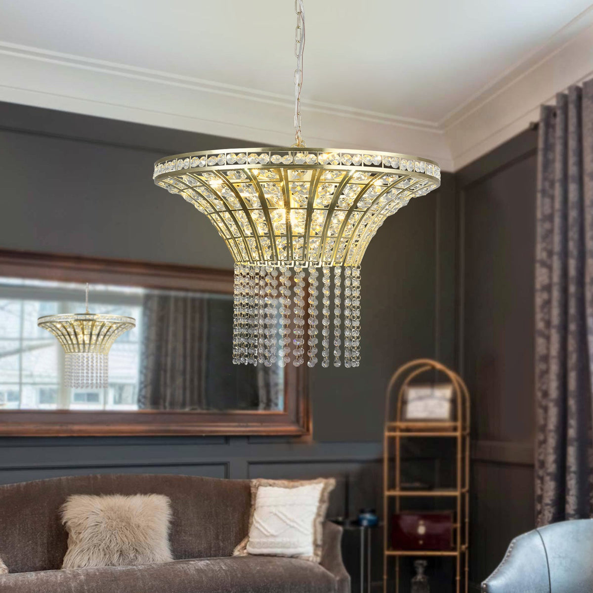 8-Light Gold Crystal Waterfall Chandelier, 23.6 Inch