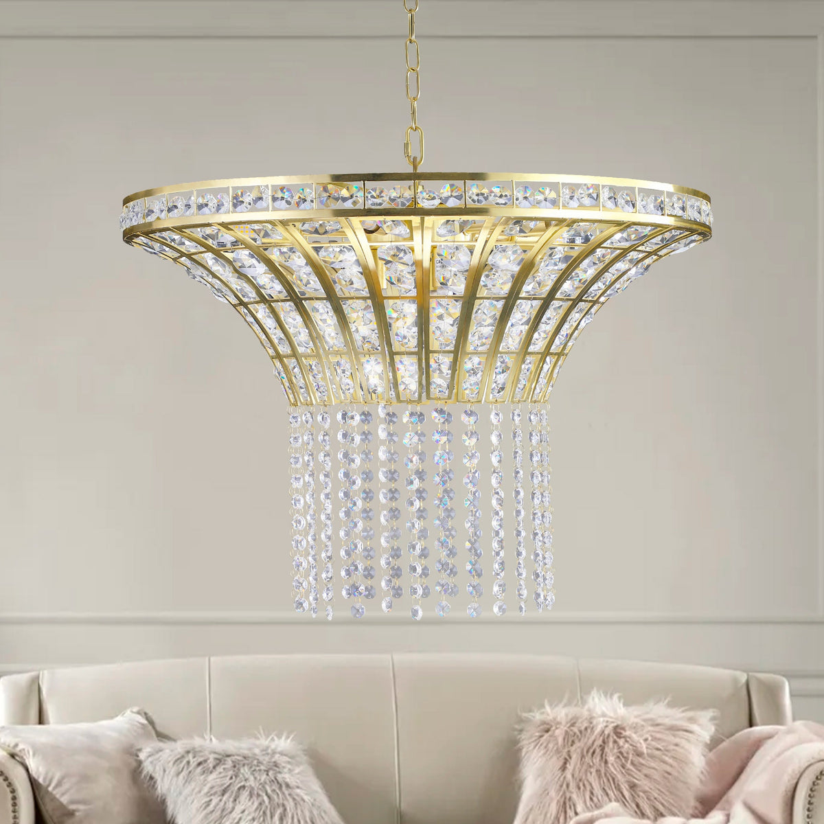 8-Light Gold Crystal Waterfall Chandelier, 23.6 Inch