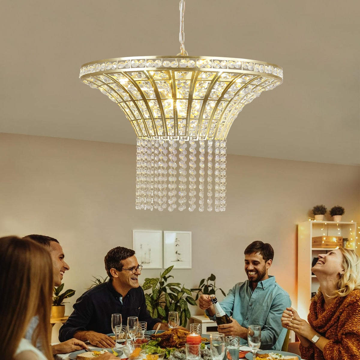 8-Light Gold Crystal Waterfall Chandelier, 23.6 Inch