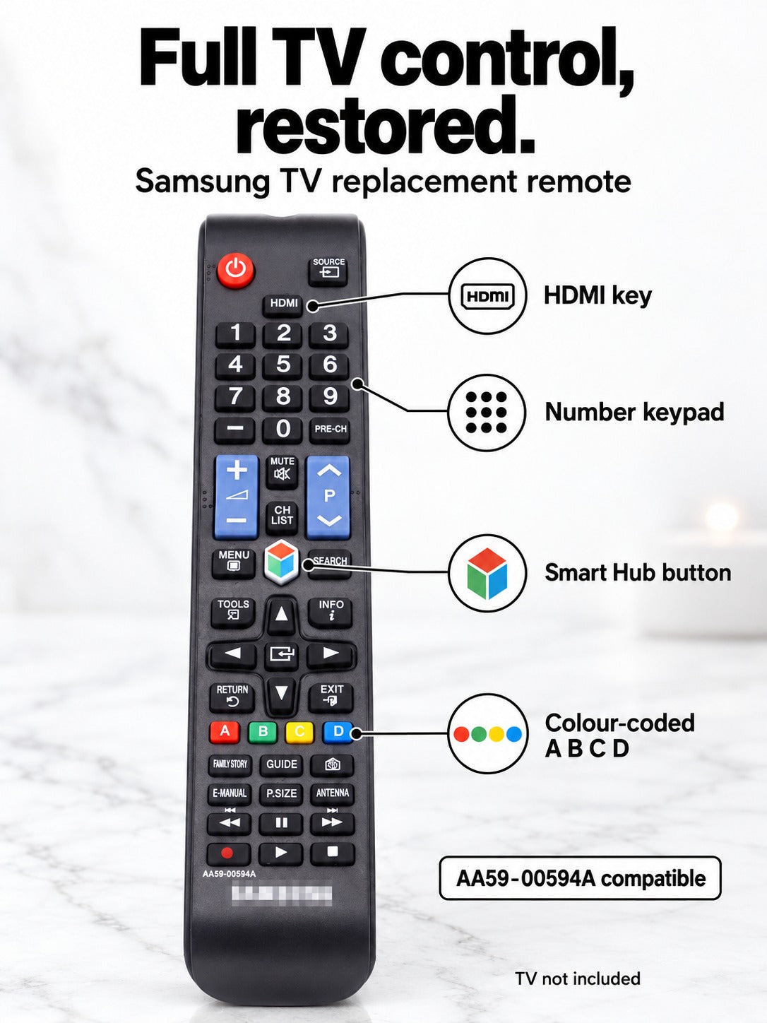 Samsung TV Replacement Remote for AA59-00594A Models