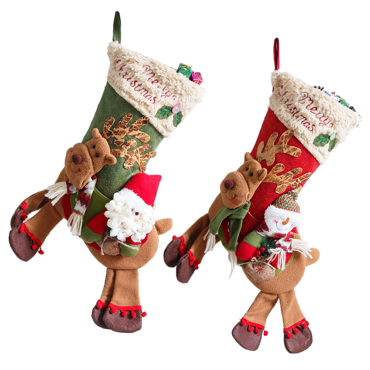 Christmas Stocking With Plush Reindeer & Snowman Decor