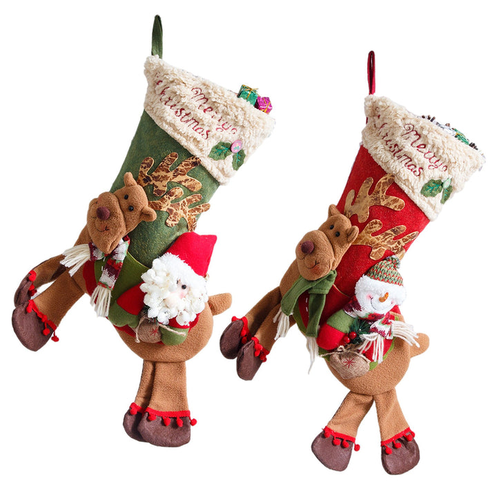 Christmas Stocking With Plush Reindeer & Snowman Decor