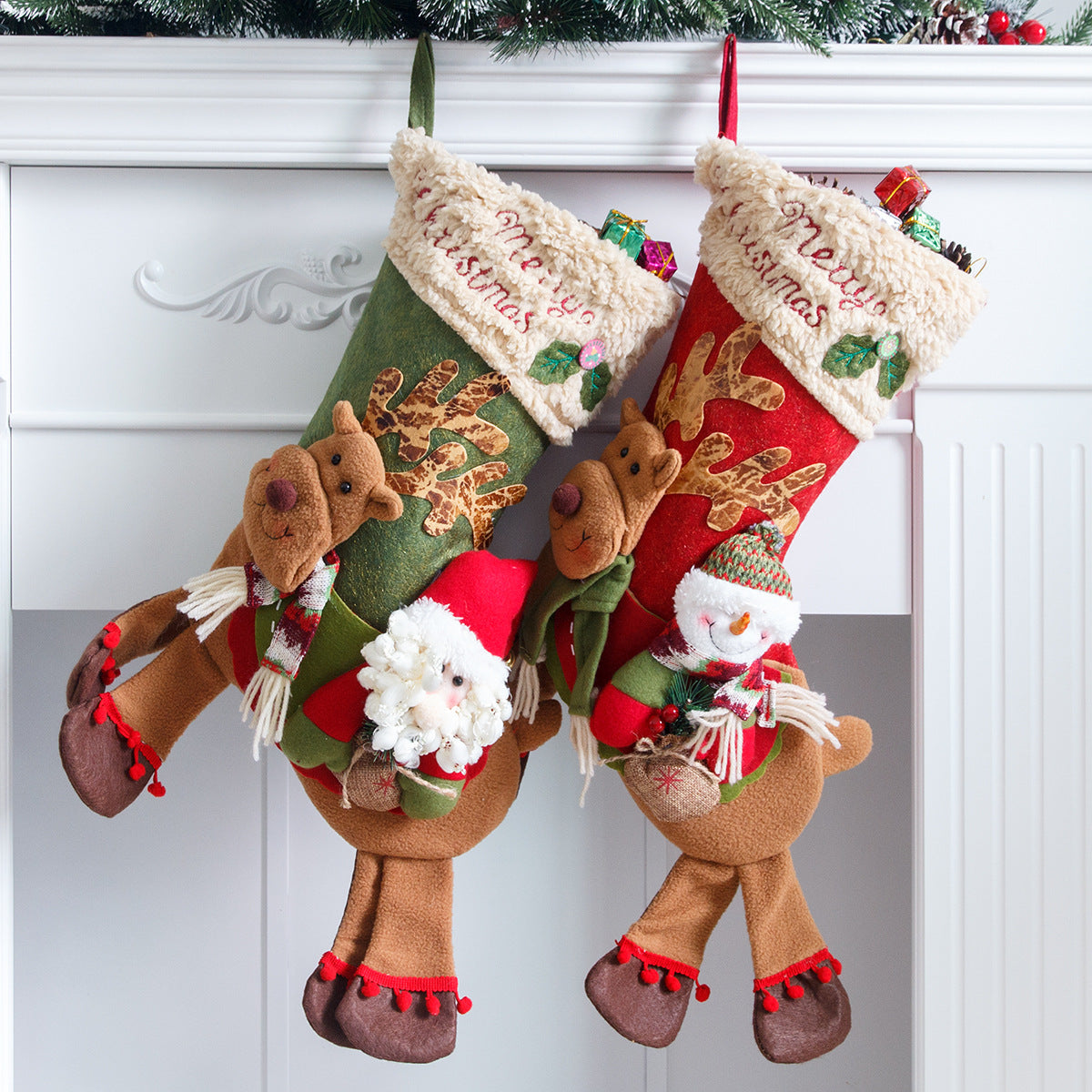 Christmas Stocking With Plush Reindeer & Snowman Decor