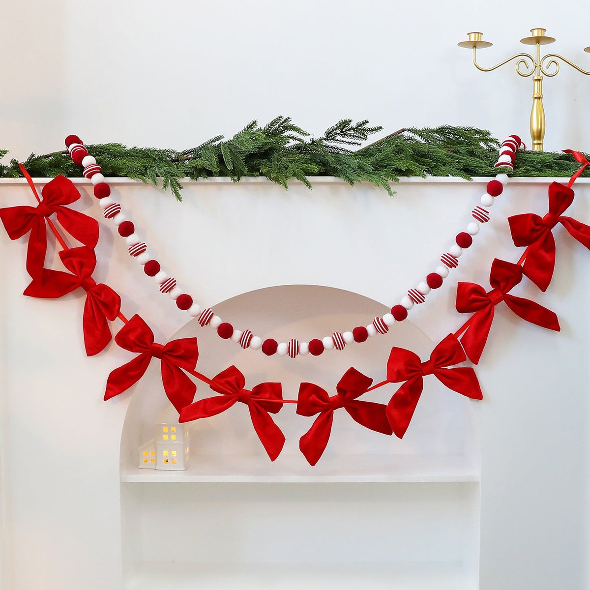 Christmas Bow Garland for Classic Red Tree and Mantel Decor