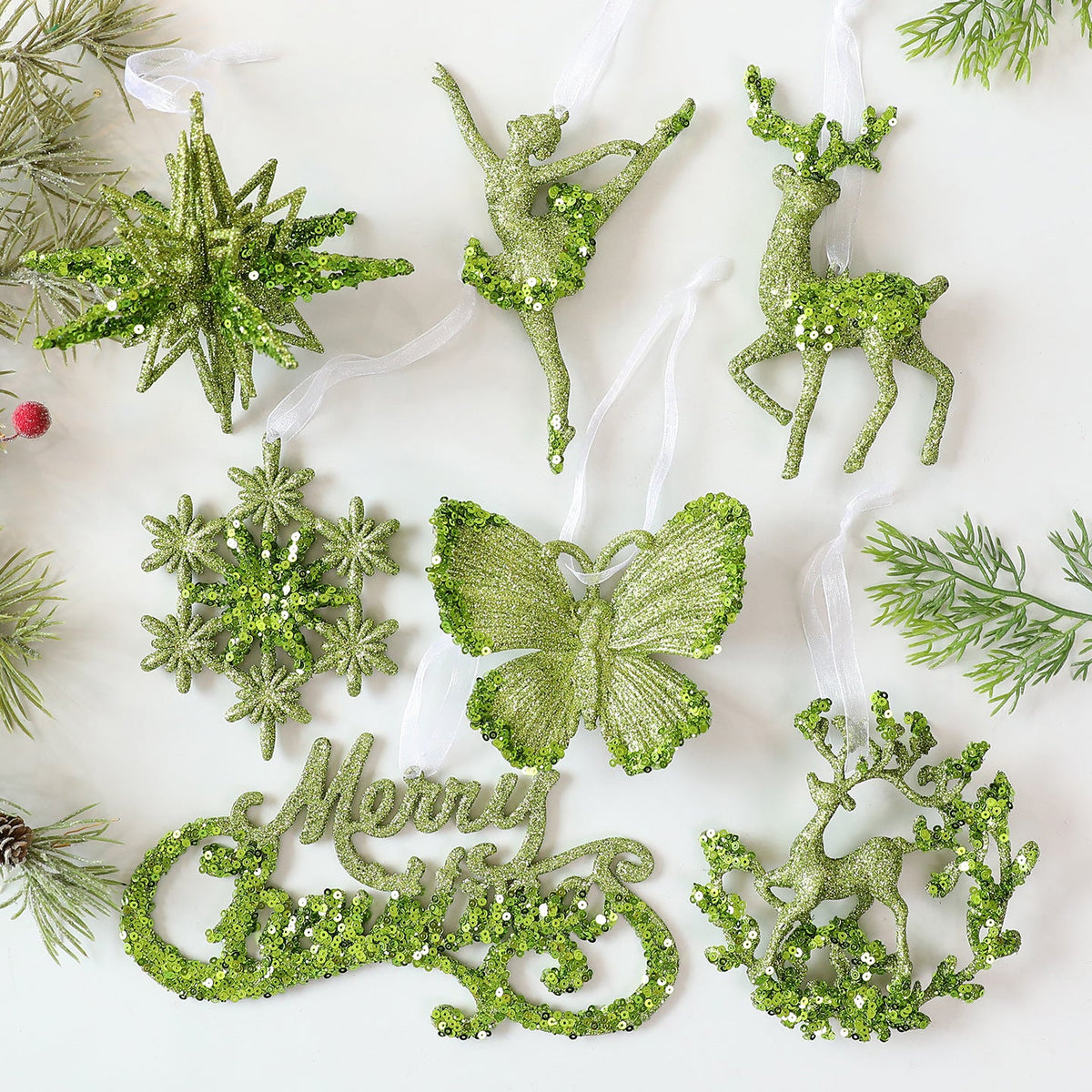 Green Glitter Christmas Ornaments – 7-Piece Holiday Set