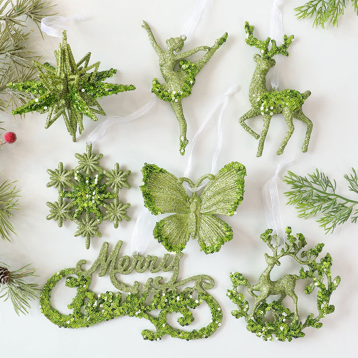 Green Glitter Christmas Ornaments – 7-Piece Holiday Set