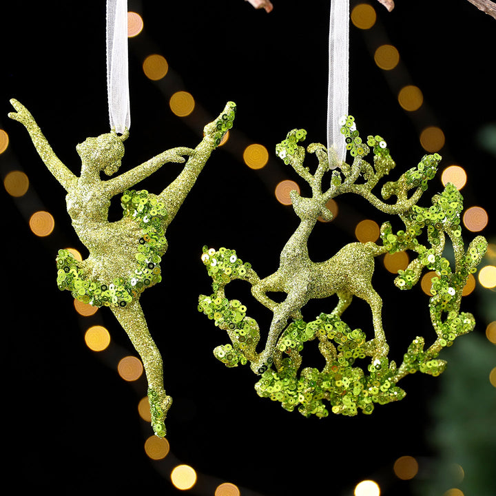 Green Glitter Christmas Ornaments – 7-Piece Holiday Set