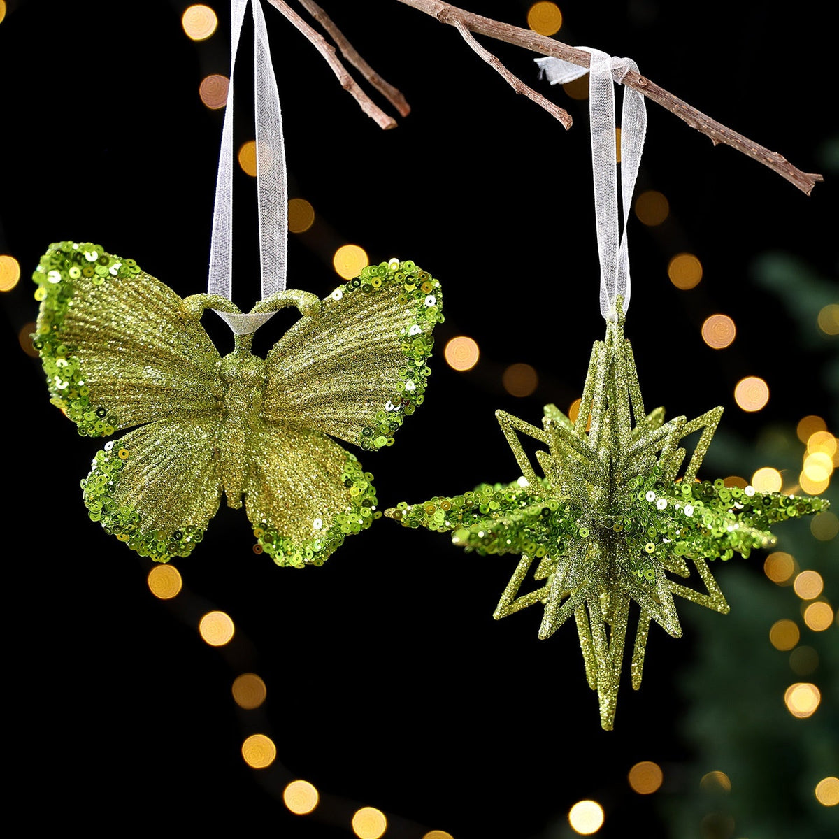 Green Glitter Christmas Ornaments – 7-Piece Holiday Set