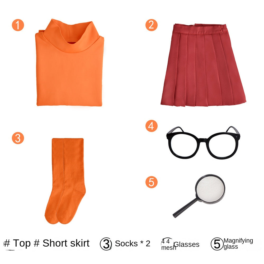 Velma Cosplay Costume, Complete Halloween Outfit Set