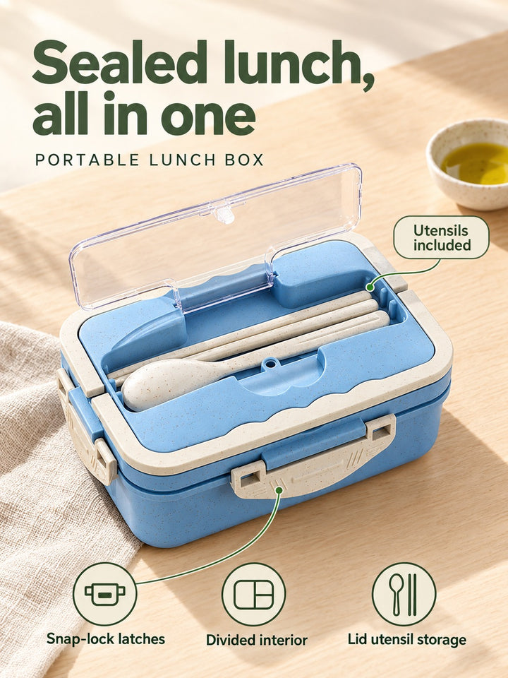 Sealed Portable Lunch Box with Compartments and Utensils