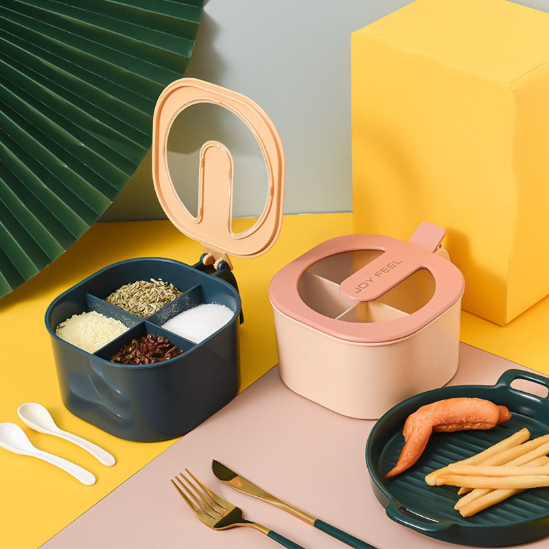Four-Compartment Seasoning Box With Clear Lid and Spoons