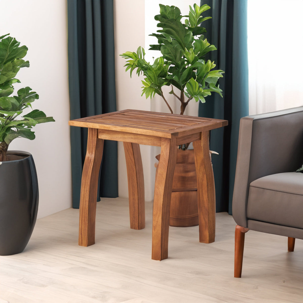 Solid Wood End Table with Teak Finish for Indoor & Patio