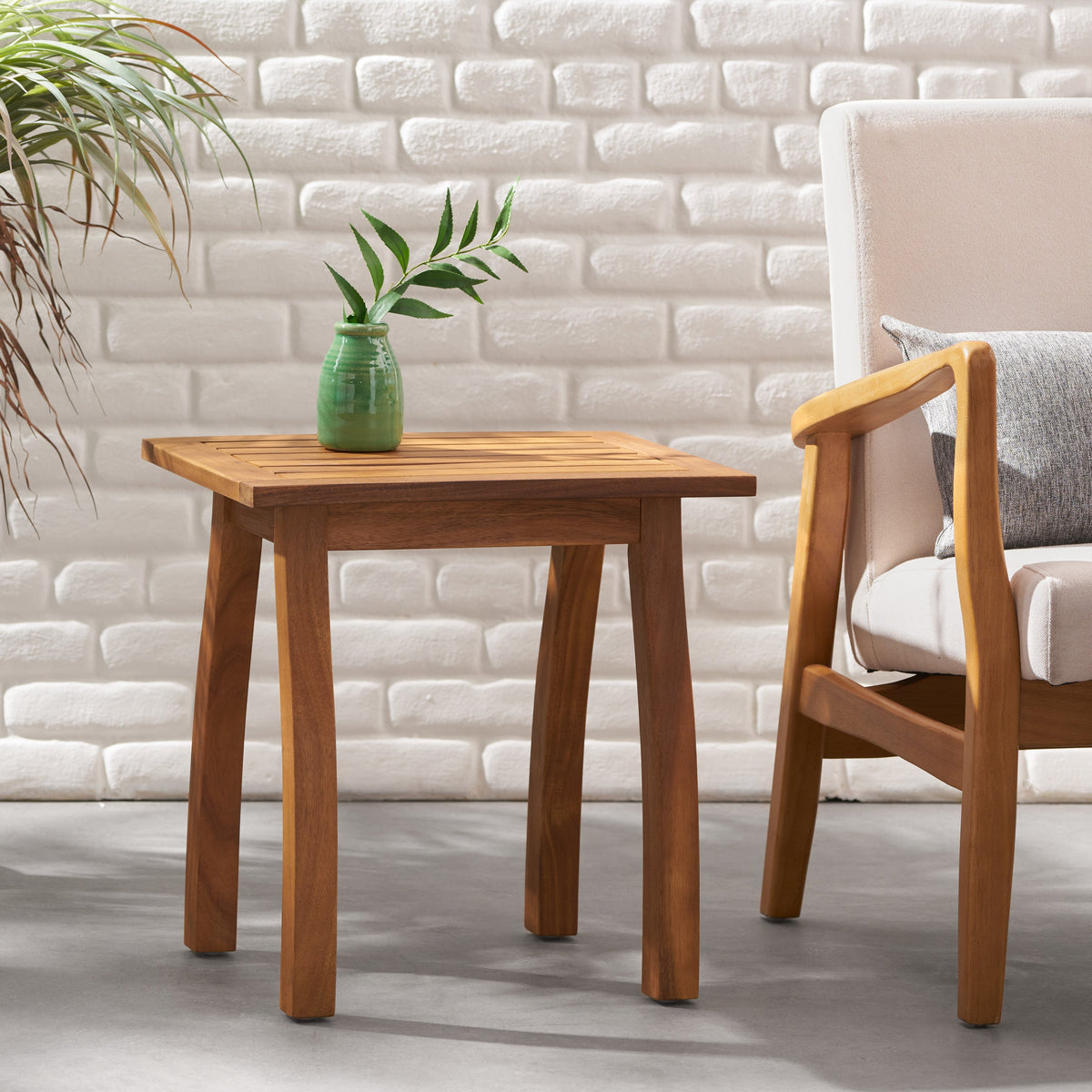 Solid Wood End Table with Teak Finish for Indoor & Patio