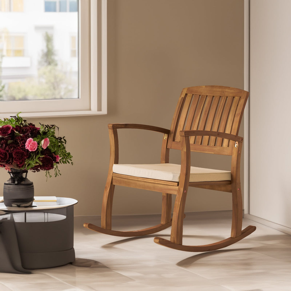 Wooden Rocking Chair with Cushion for Porch & Living Room