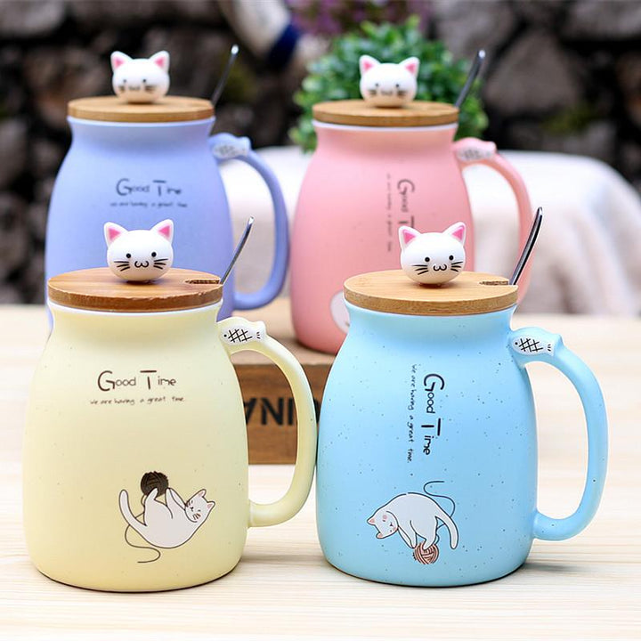 Cute Cat Ceramic Mug with Bamboo Lid and Spoon Set
