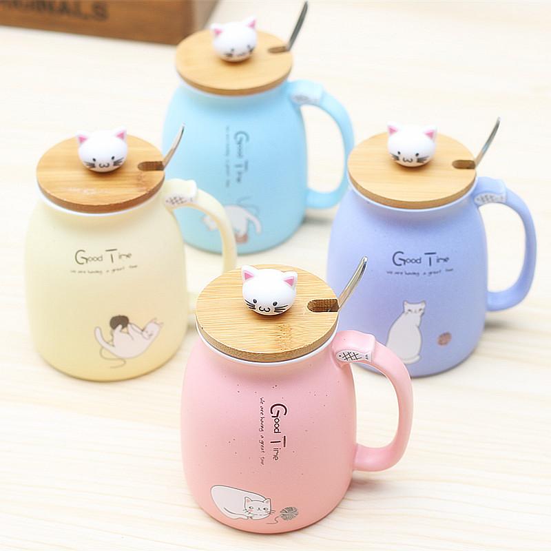 Cute Cat Ceramic Mug with Bamboo Lid and Spoon Set