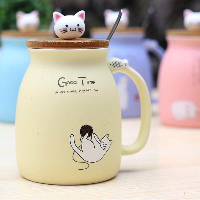 Cute Cat Ceramic Mug with Bamboo Lid and Spoon Set