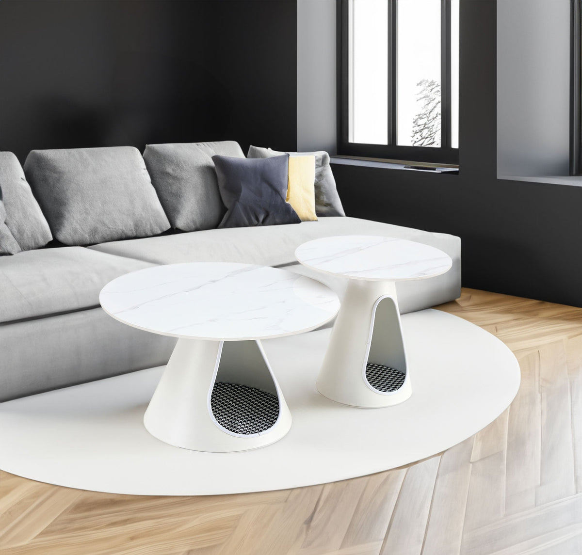 Coffee Table Set with Built-In Cat Bed, Marble-Look Top