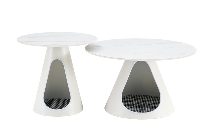 Coffee Table Set with Built-In Cat Bed, Marble-Look Top