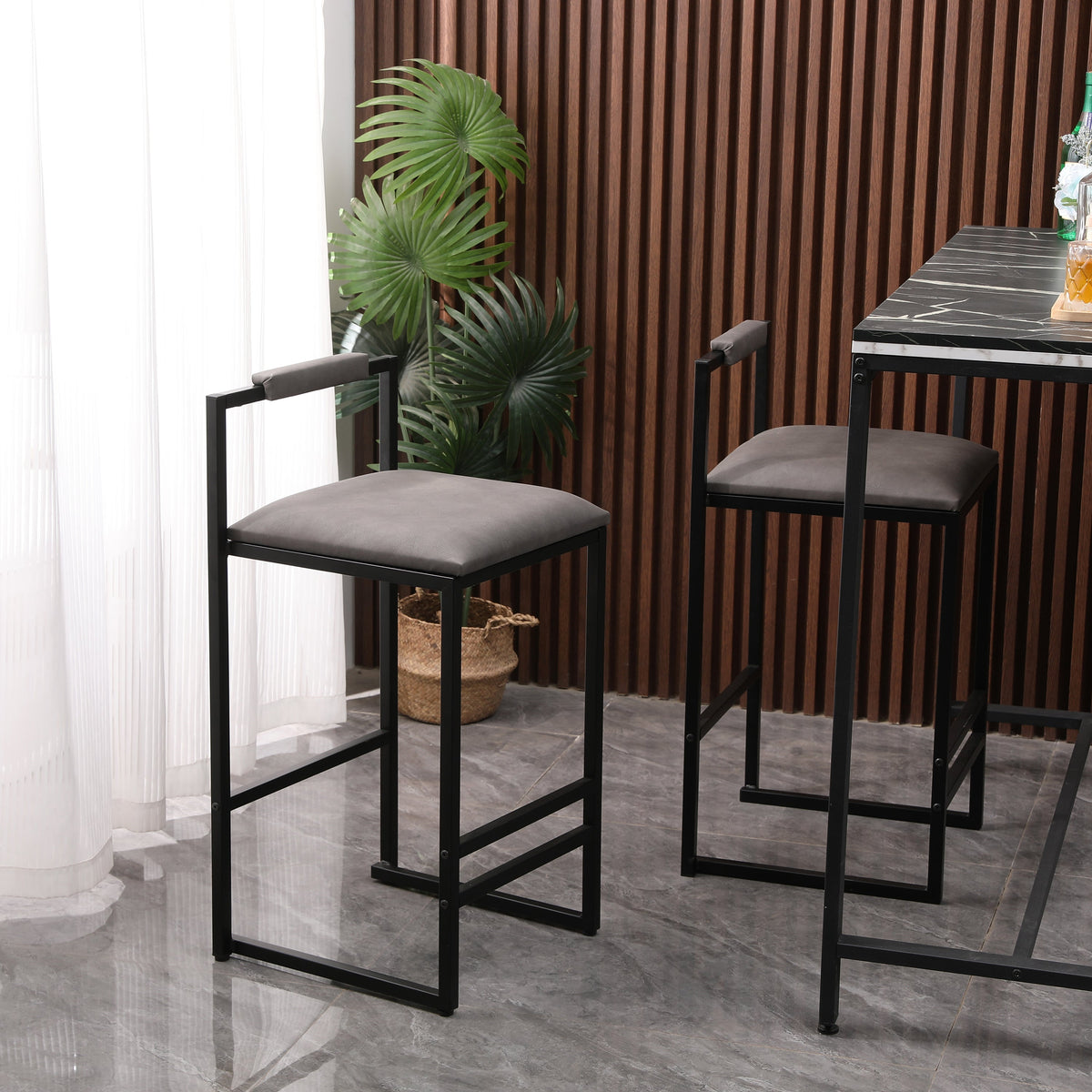 Gray Counter Height Barstools with Padded Back, Set of 2