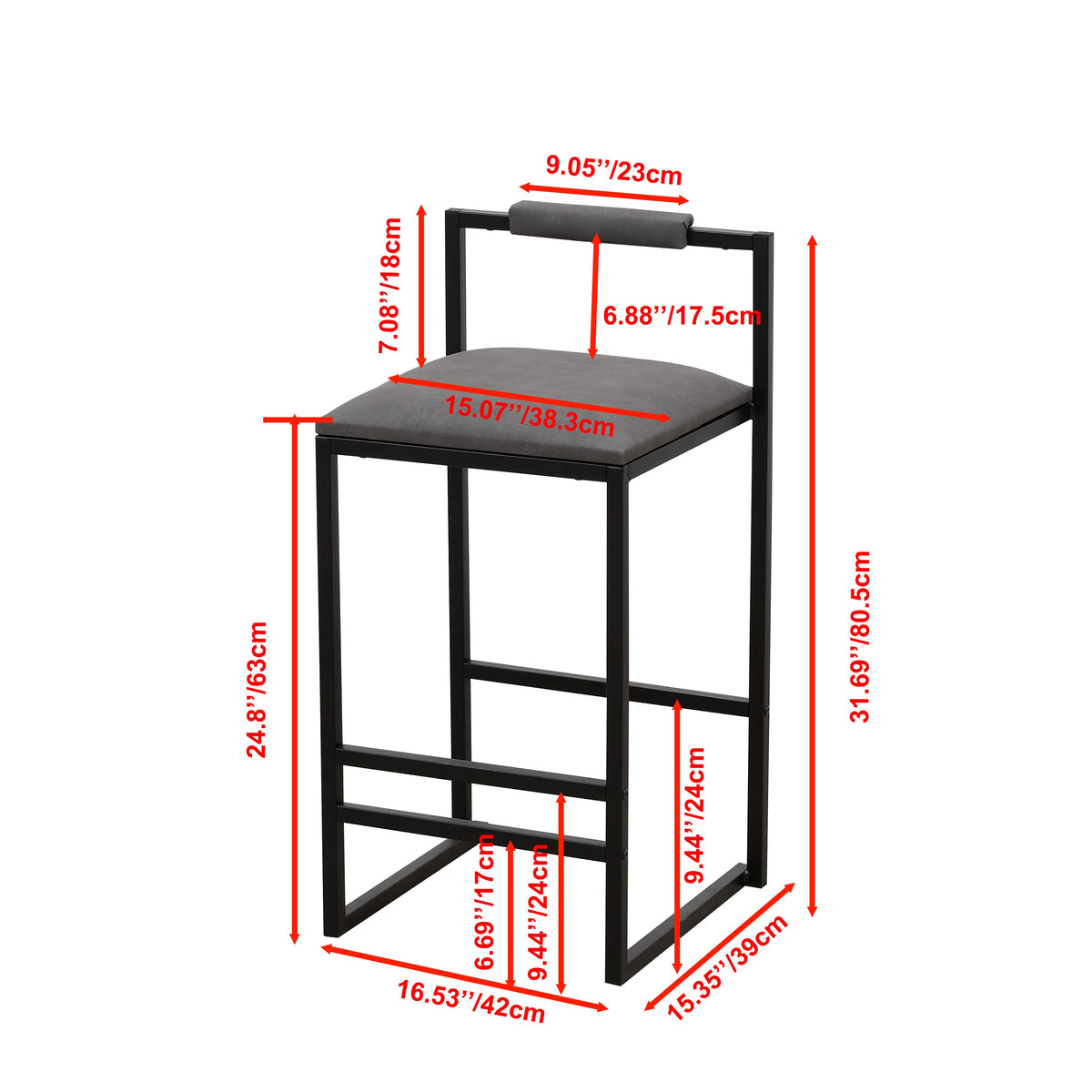 Gray Counter Height Barstools with Padded Back, Set of 2