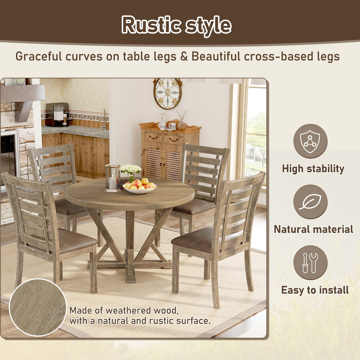 Farmhouse Ladderback Dining Chairs Set of 2, Solid Wood
