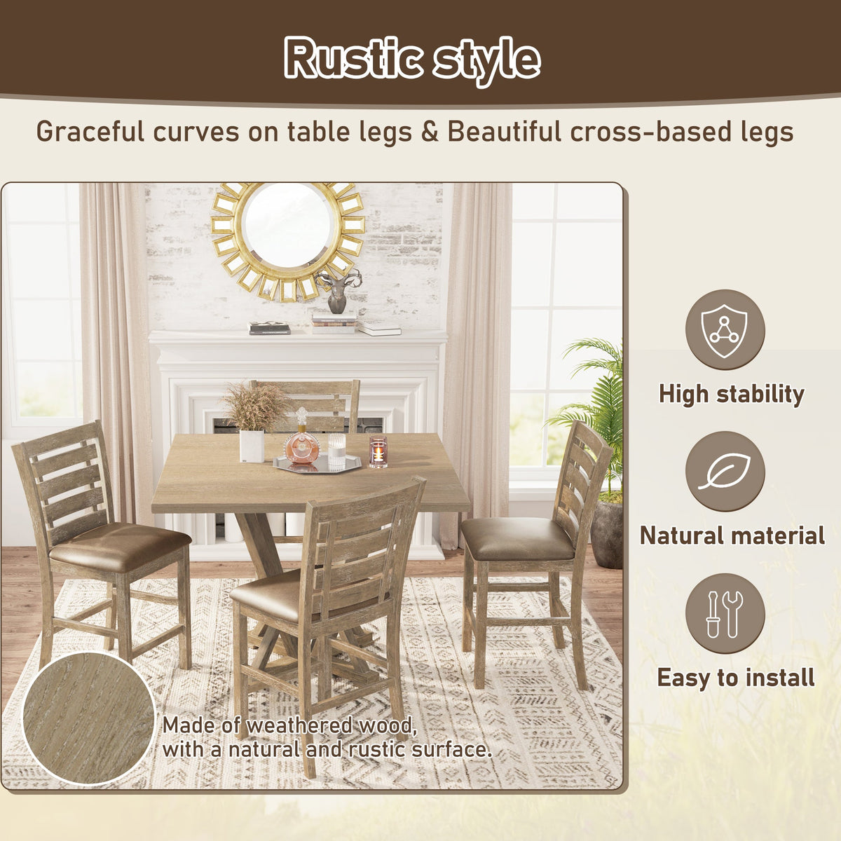 Farmhouse Counter Height Chairs, Solid Wood Set of 2