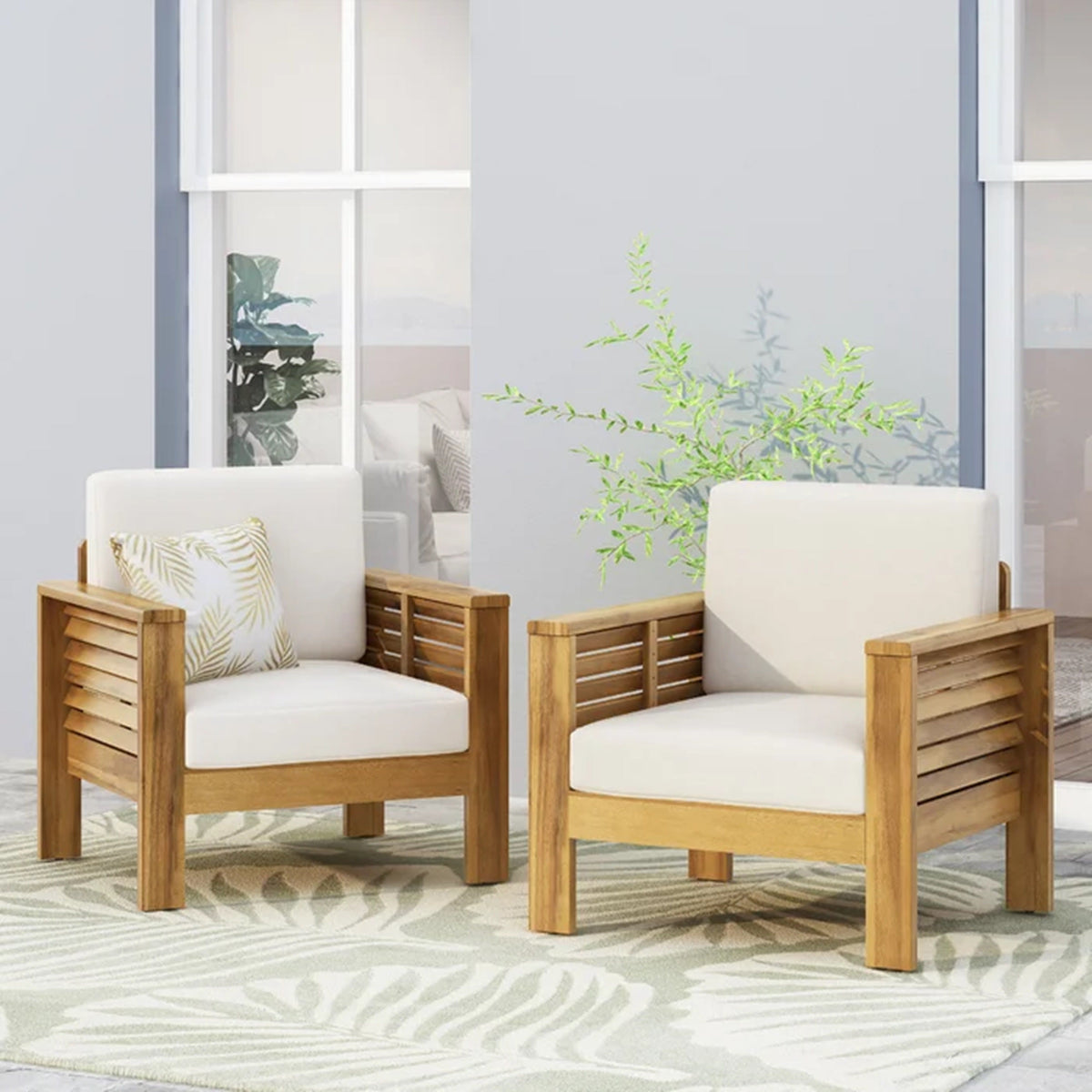 Outdoor Acacia Wood Club Chairs Set of 2 with Cushions