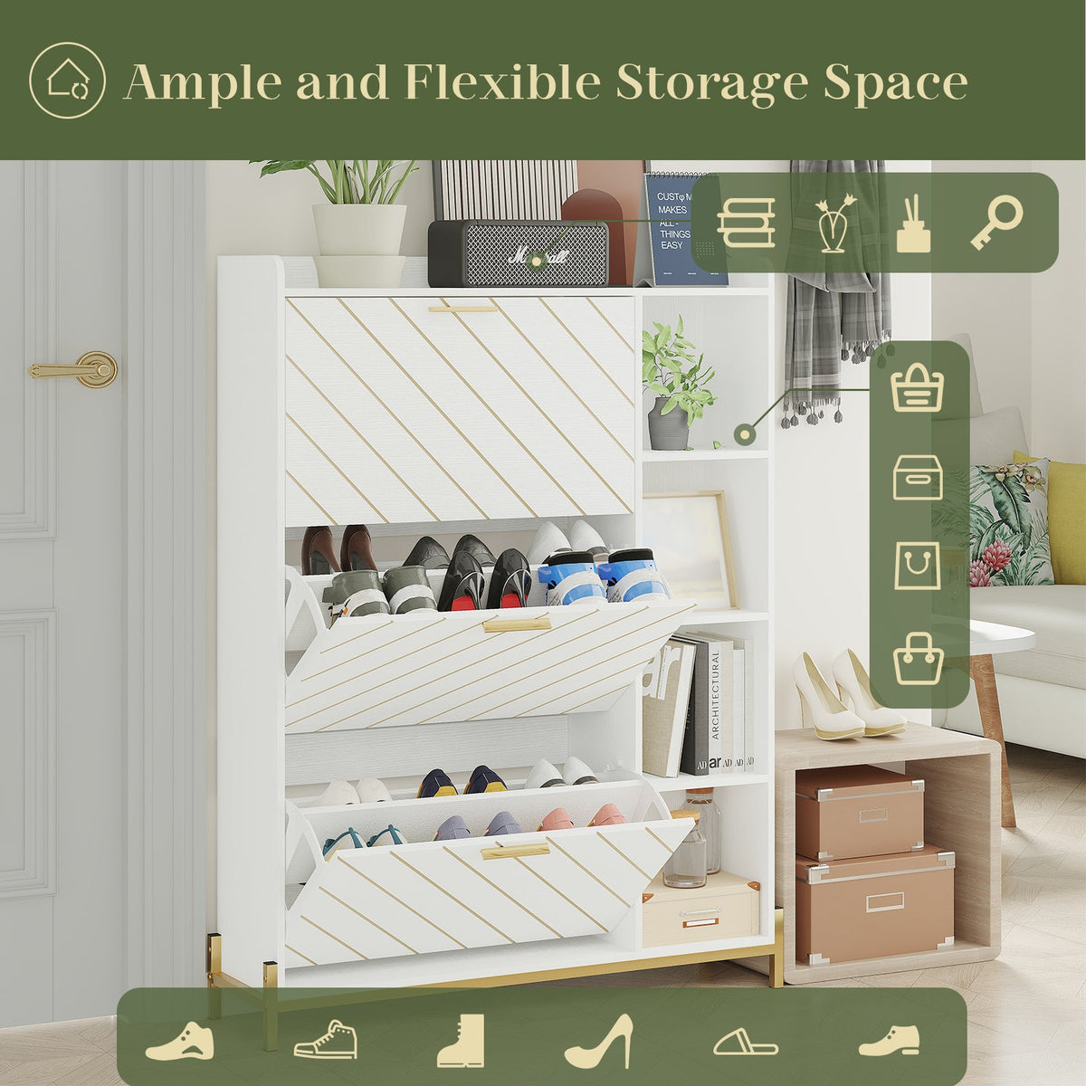 Slim Entryway Shoe Cabinet with Flip Drawers & Shelves