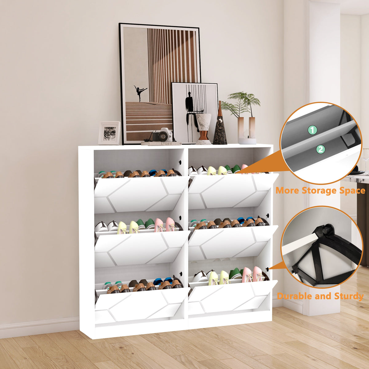 Entryway Shoe Storage Cabinet with Hexagonal Carved Doors