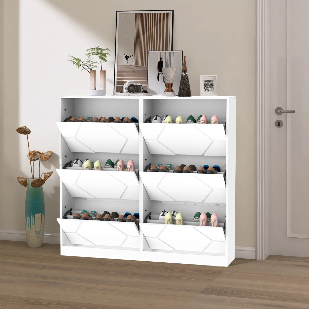 Entryway Shoe Storage Cabinet with Hexagonal Carved Doors